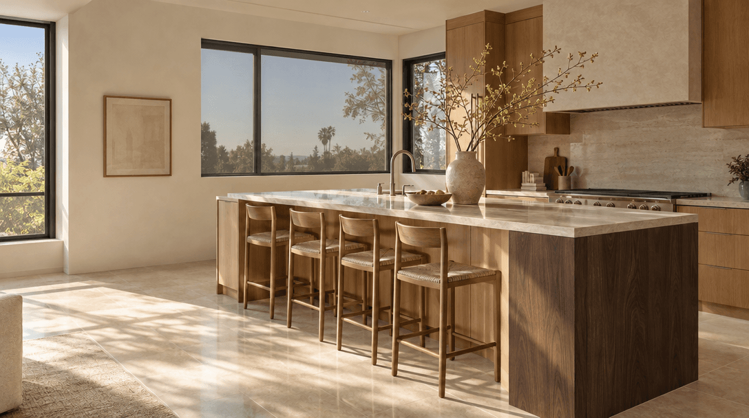 Sunlit contemporary kitchen with warm architectural finishes